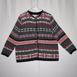 Dressbarn Fair Isle Cardigan 1X Red Black Button Crew Wool Blend Stretch Vtg